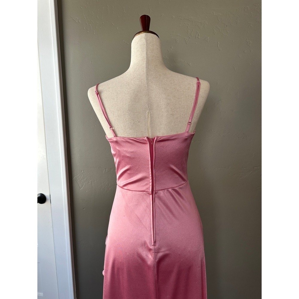 New B.Darlin Formal Gown Sz 5/6 Pink Satin Cowl Neck Ruched Slit Floor Length - Picture 14 of 14